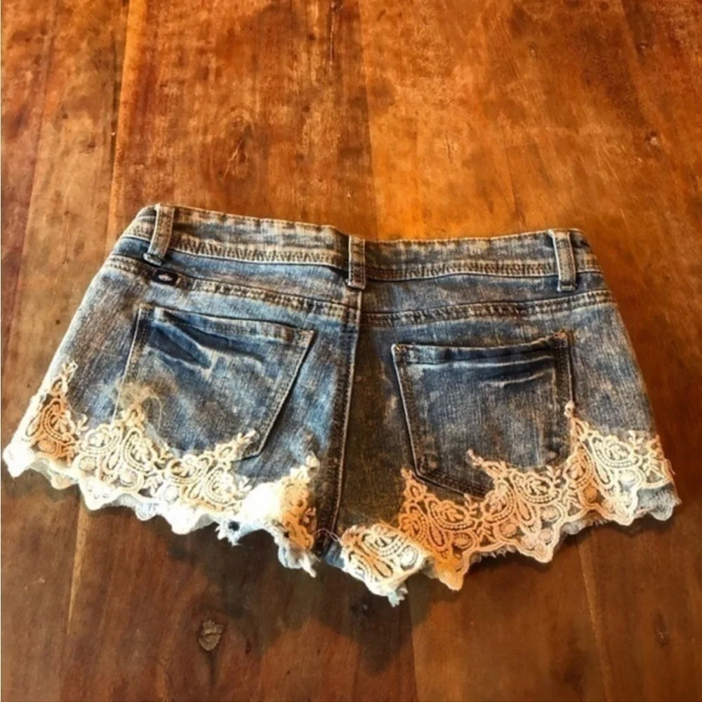 Almost Famous Distressed Lace Blue Jean Shorts